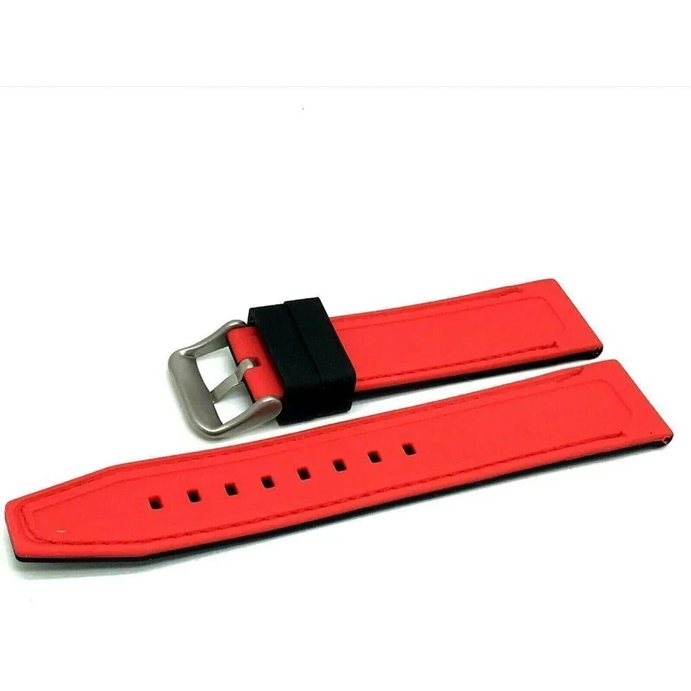 Men's Watch Band Replacement Black Red Rubber Strap 22mm Lug Silver Buck…